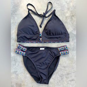 Cleanwater Black with Colorful Aztec Straps Bikini Set Top XL Bottom M